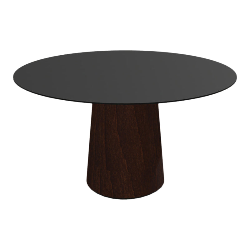 Round black tabletop with a dark wood base, showcasing a modern and sleek design. Ideal for contemporary interiors.