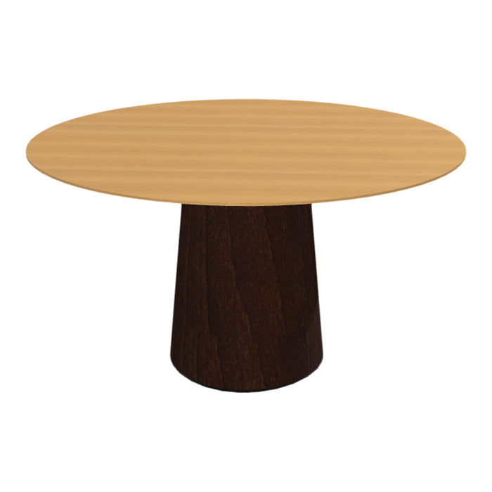 Round table with a light wood top and dark wood pedestal base, featuring subtle grain patterns.