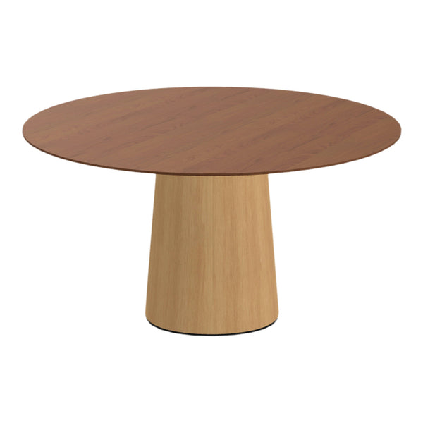 Round dining table with a rich brown wood top and a natural wood grain base for a modern, rustic look.