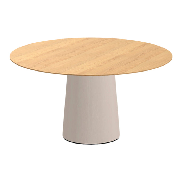 Round wooden table with a light oak top and a smooth beige base, featuring a minimal design.