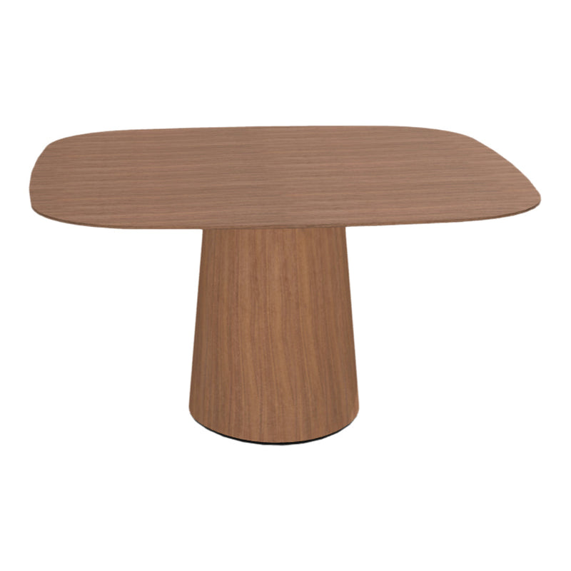 Brown wooden table with a smooth, oval top and a tapered cylindrical base, showcasing a rich, natural grain pattern.