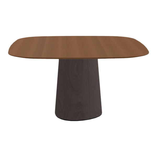 Brown wooden table with a smooth oval top and a contrasting dark cylindrical base. Stylish and modern design.