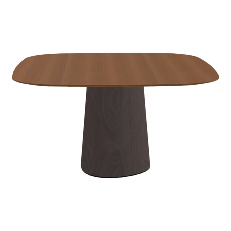 Brown wooden table with a smooth oval top and a contrasting dark cylindrical base. Stylish and modern design.