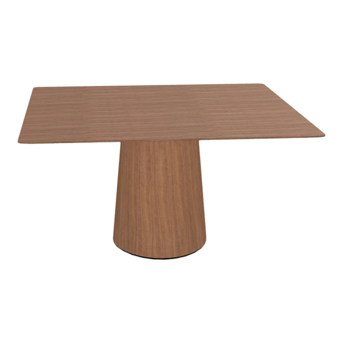 Modern square table with a rich brown wood finish and smooth texture. Stylish conical base complements the design.