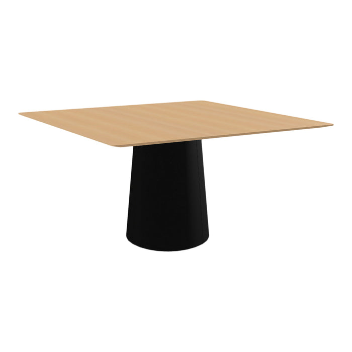 Stylish square table with a light wood top and a sleek black cone-shaped base. Modern design elements in contrasting colors.