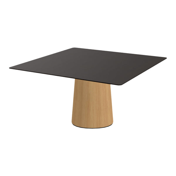 Square black tabletop with a natural wood base, creating a modern, minimalist aesthetic for contemporary spaces.