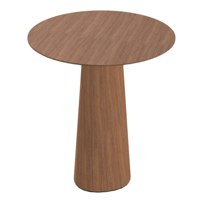 Round wooden side table with a rich walnut finish and subtle grain pattern. Ideal for modern home decor.