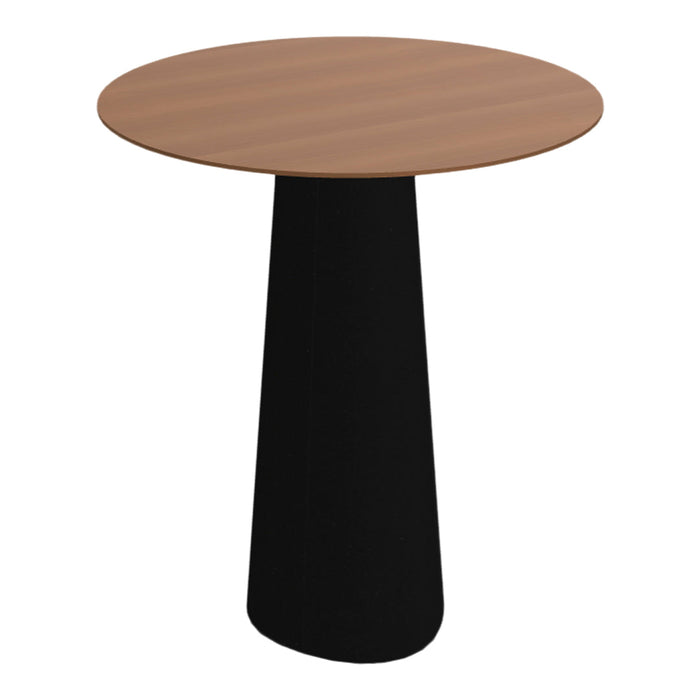 Round wooden top in warm brown paired with a sleek black cone-shaped base for a modern aesthetic.