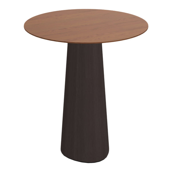 Round wooden side table with a light brown top and dark brown tapered base, showcasing a modern, minimalist design.