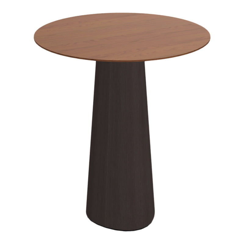 Round wooden side table with a light brown top and dark brown tapered base, showcasing a modern, minimalist design.