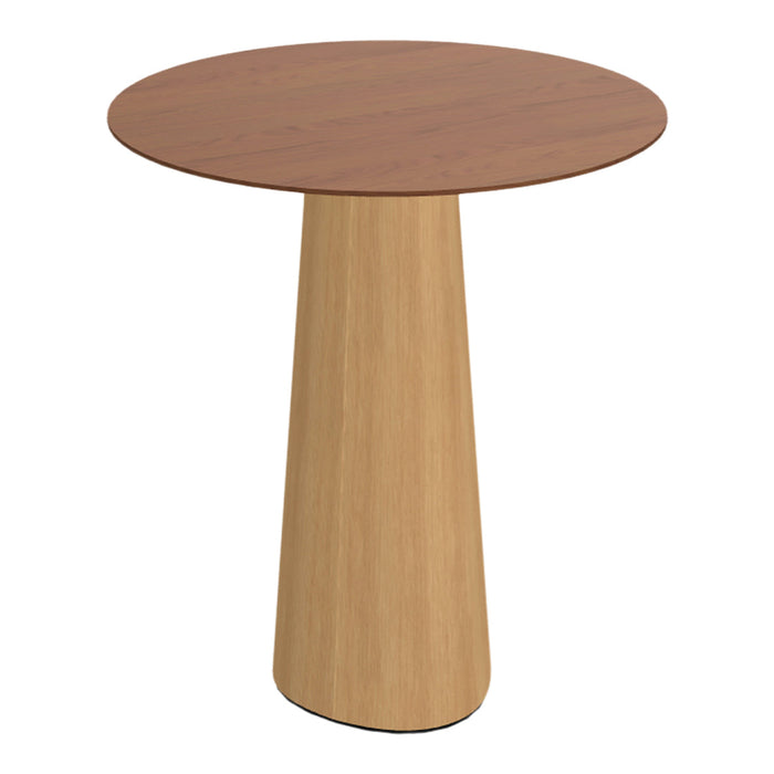 Natural wood grain round side table with a warm brown top and a tapered light wood base.