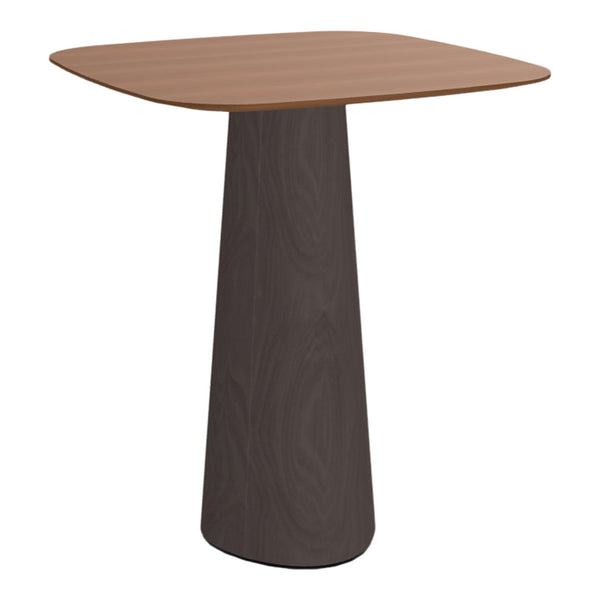 Brown wooden table with a square top and dark, tapered base showcasing a smooth finish and modern design.