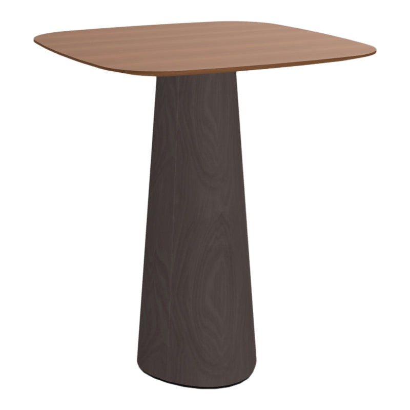 Brown wooden table with a square top and dark, tapered base showcasing a smooth finish and modern design.