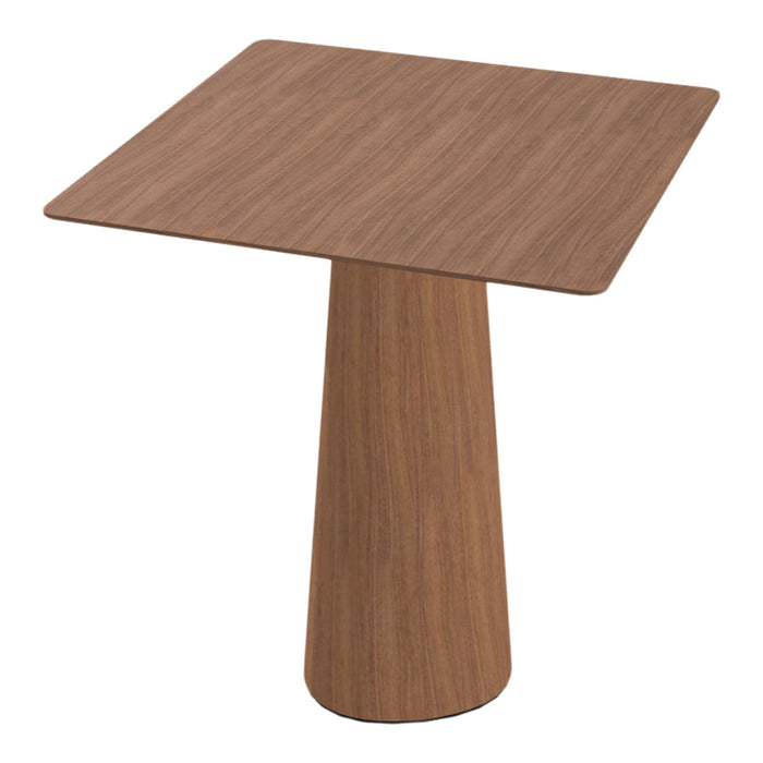 Brown wooden table with a glossy finish and subtle grain pattern, featuring a square top and tapered base.