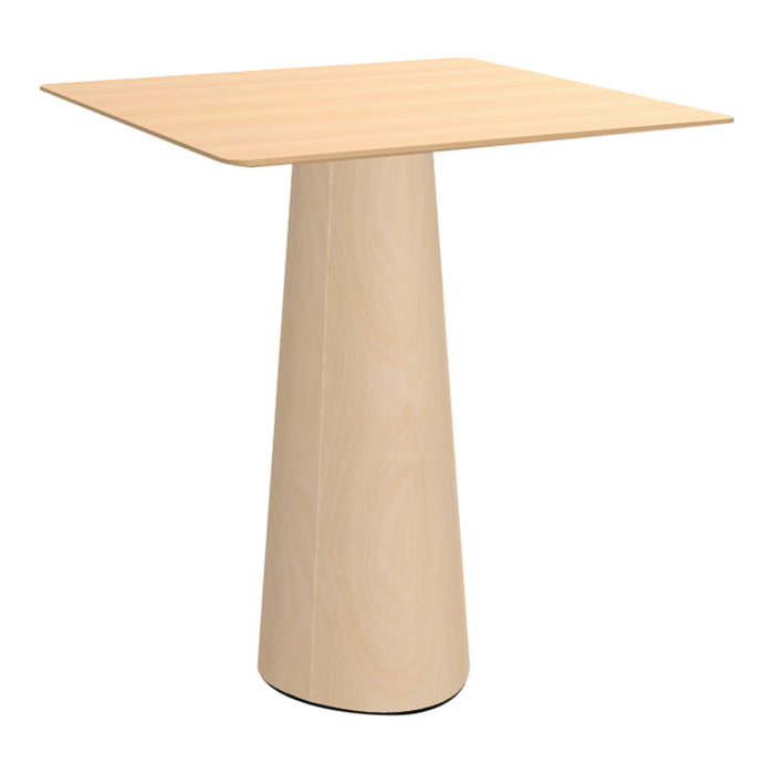 Light wood table with a smooth, natural finish and minimalist design, featuring a square top and tapered base.