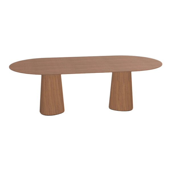 Wooden dining table with a warm brown finish and smooth, oval surface design, featuring conical legs.