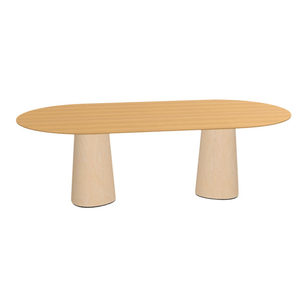 Light beige oval table with subtle wood grain pattern and two cylindrical, light-colored legs.