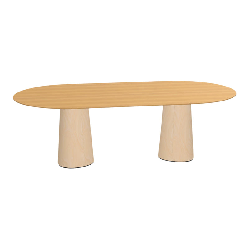 Light beige oval table with subtle wood grain pattern and two cylindrical, light-colored legs.