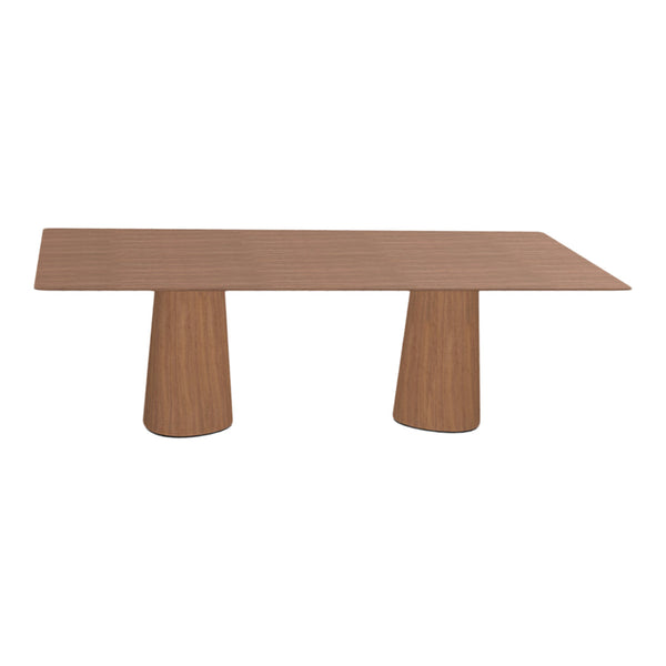 Wooden dining table in warm brown tones with a sleek, minimalist design and unique conical legs.