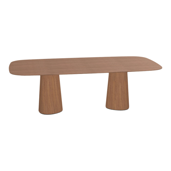 Stylish brown wooden coffee table with a smooth oval top and cylindrical legs. Perfect for modern decor.