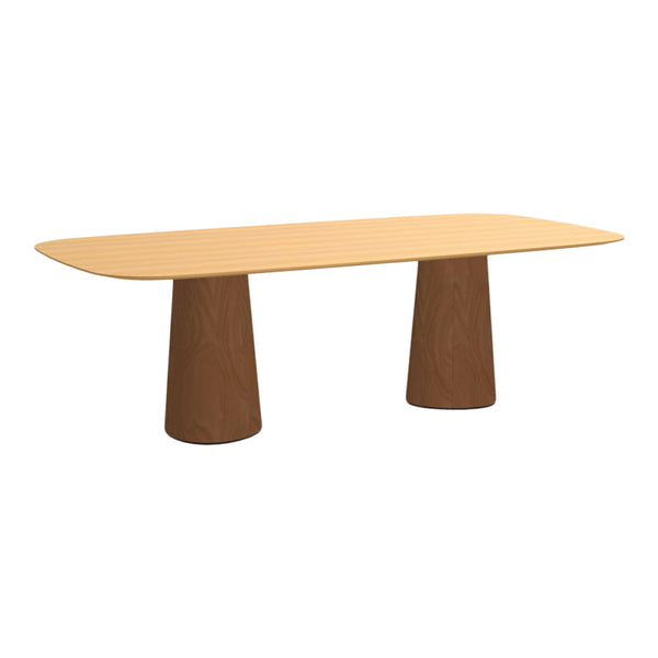 Light wooden tabletop with subtle grooves, supported by two cylindrical brown wooden bases. Ideal for modern decor.