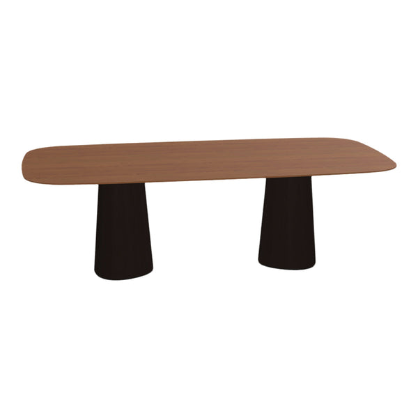 Brown wooden tabletop with smooth, rounded edges and sleek black cylindrical legs. Perfect blend of modern elegance.