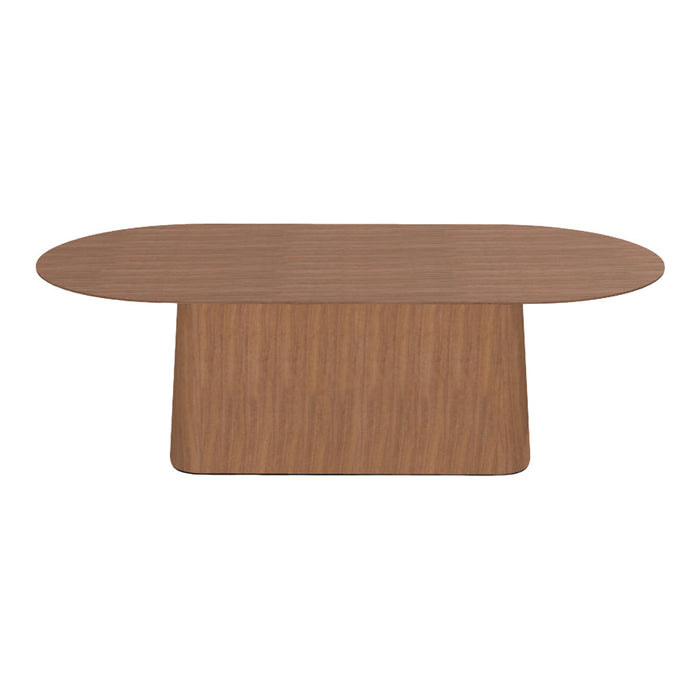 Modern oval walnut dining table with a smooth wood grain finish and warm brown tones. Perfect for stylish interiors.
