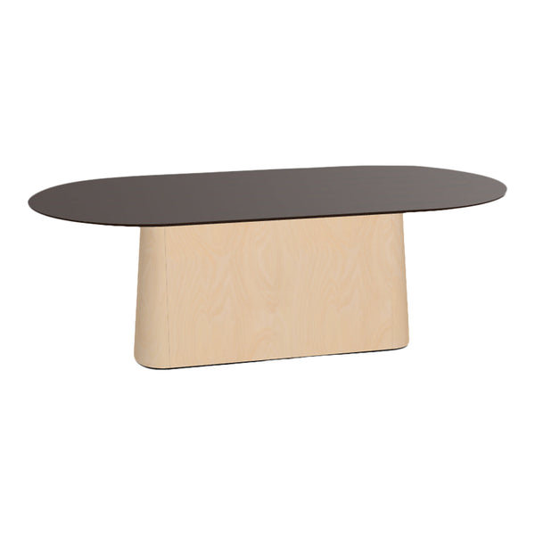 Modern oval table with a dark brown top and a natural wood base showcasing a smooth texture.