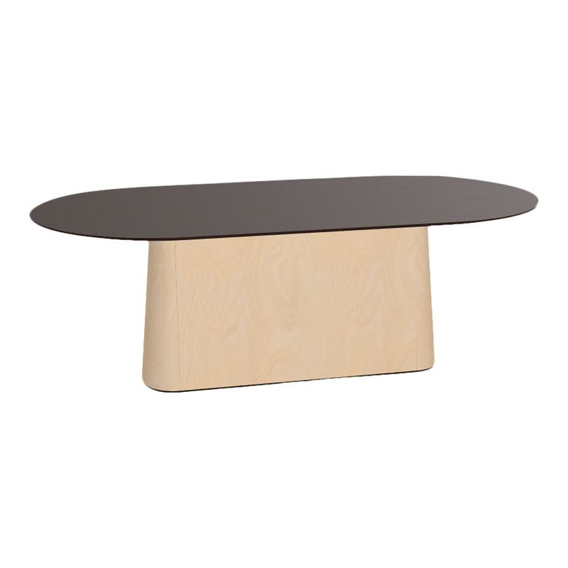 Modern oval table with a dark brown top and a natural wood base showcasing a smooth texture.