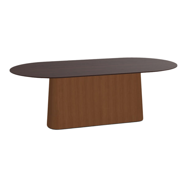 Brown oval dining table with a sleek walnut finish and contrasting lighter wood base. Ideal for modern interiors.