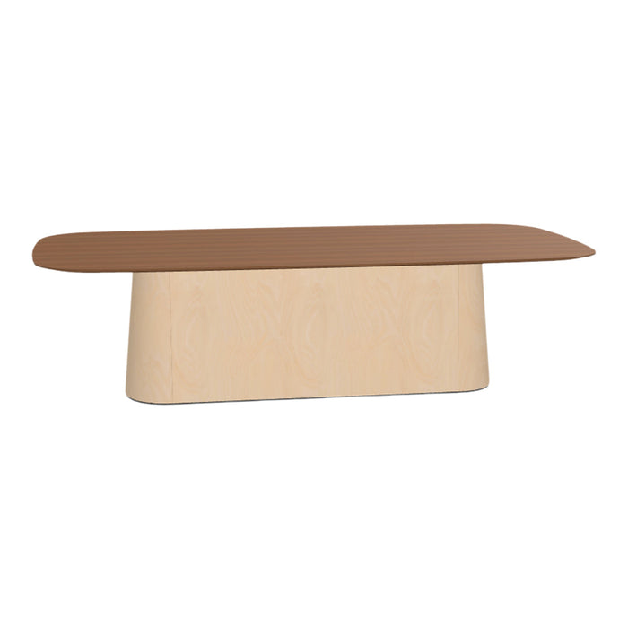 Modern wood coffee table featuring a smooth light wood base and a rich brown, ribbed top for a stylish contrast.