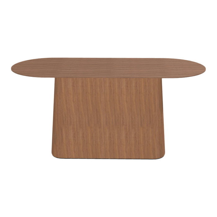 Wooden table with a smooth, warm brown finish and a minimalist, oval-top design.