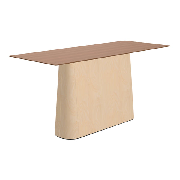 Modern table featuring a smooth light wood base and a rich brown top, showcasing sleek lines and natural textures.