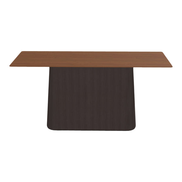 Brown wooden tabletop with a dark wooden base, featuring a sleek, modern, rectangular design.