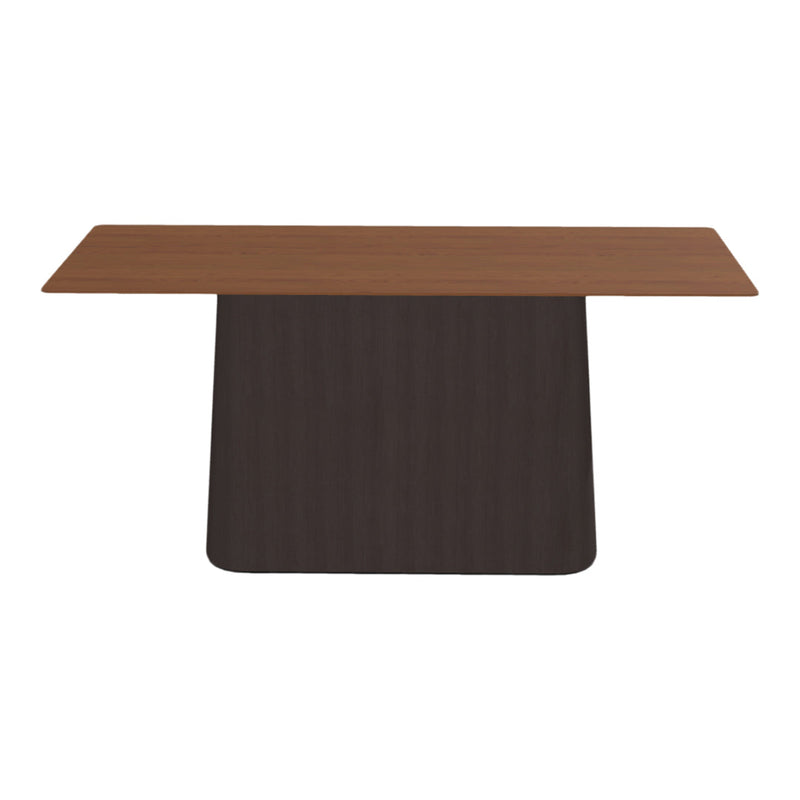 Brown wooden tabletop with a dark wooden base, featuring a sleek, modern, rectangular design.