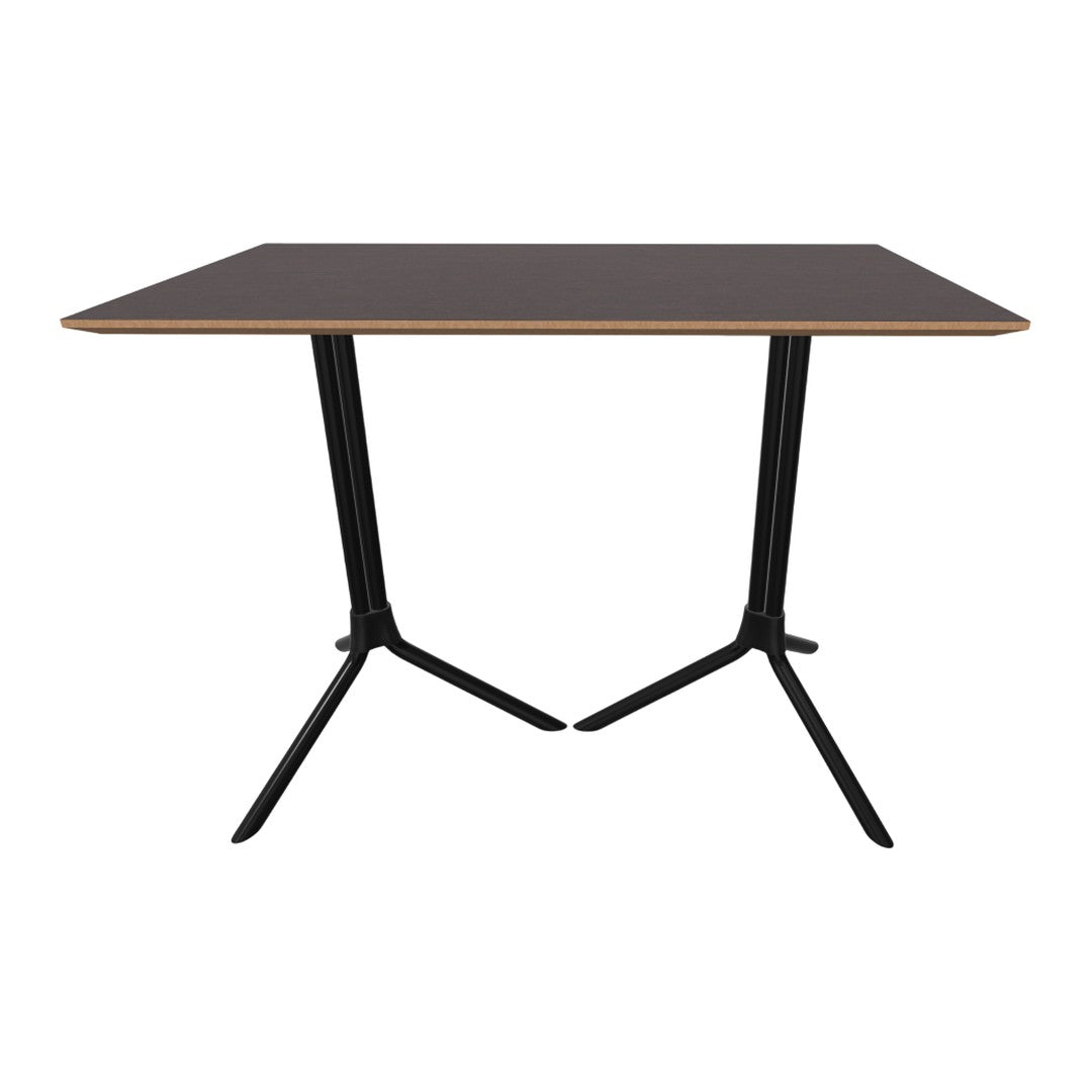 Black and brown rectangular table with sleek, minimalist design and angular black legs. Perfect for modern decor.