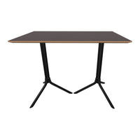 Black and brown rectangular table with sleek, minimalist design and angular black legs. Perfect for modern decor.