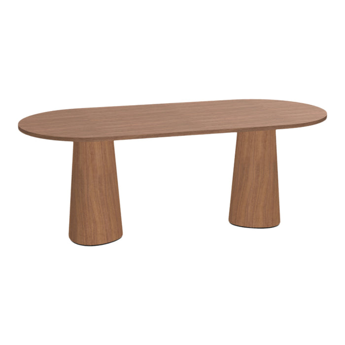 Brown oval dining table with a smooth, wood-like finish and cone-shaped legs, perfect for modern interiors.