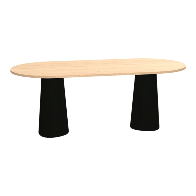 Natural wood top with sleek black cone legs, creating a modern and minimalistic design.