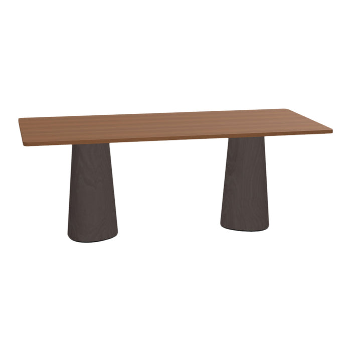Brown wooden tabletop with dark gray cylindrical legs, featuring a smooth finish and modern design.