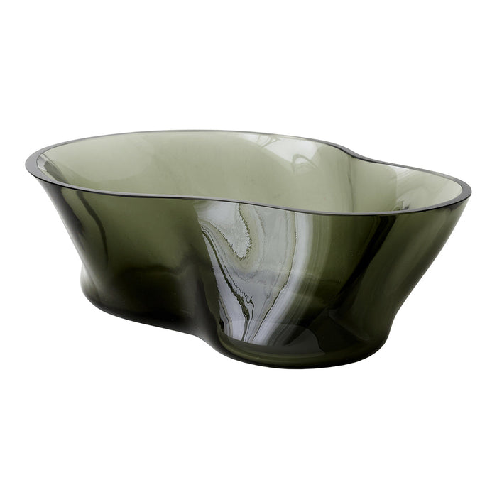 Olive green glass bowl with a stylish, wavy shape and subtle marbled pattern, perfect for modern decor.