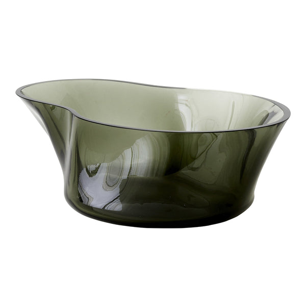 Olive green and translucent light green bowl with smooth, wavy edges and subtle marbled patterns.