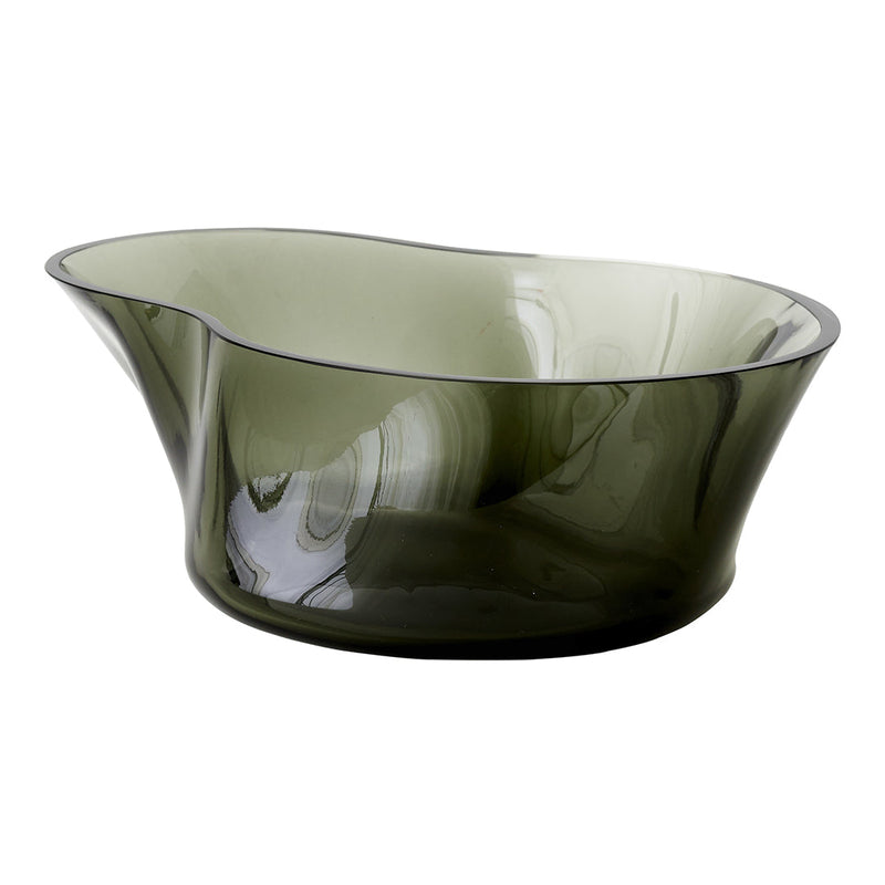 Olive green and translucent light green bowl with smooth, wavy edges and subtle marbled patterns.