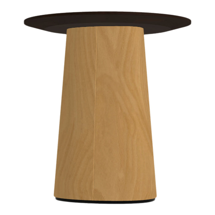 Natural wood grain finish with a dark round top, featuring a modern geometric design. Perfect for contemporary decor.