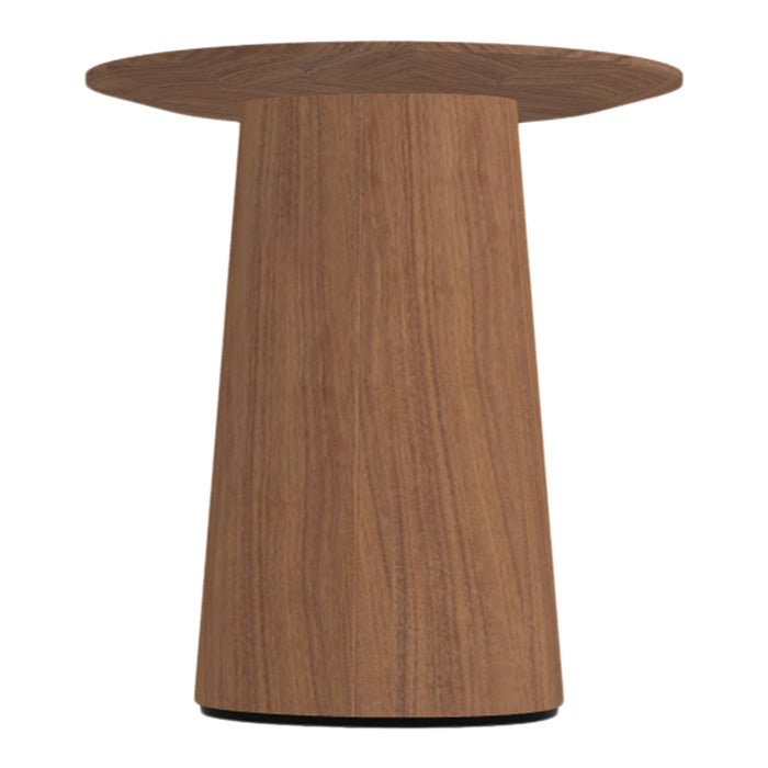 Wooden side table in rich brown tones with natural wood grain pattern and smooth, round top.