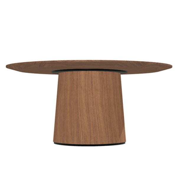 Round wooden coffee table with a rich brown finish and natural wood grain patterns. Stylish and modern design.