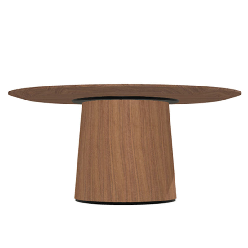 Round wooden coffee table with a rich brown finish and natural wood grain patterns. Stylish and modern design.