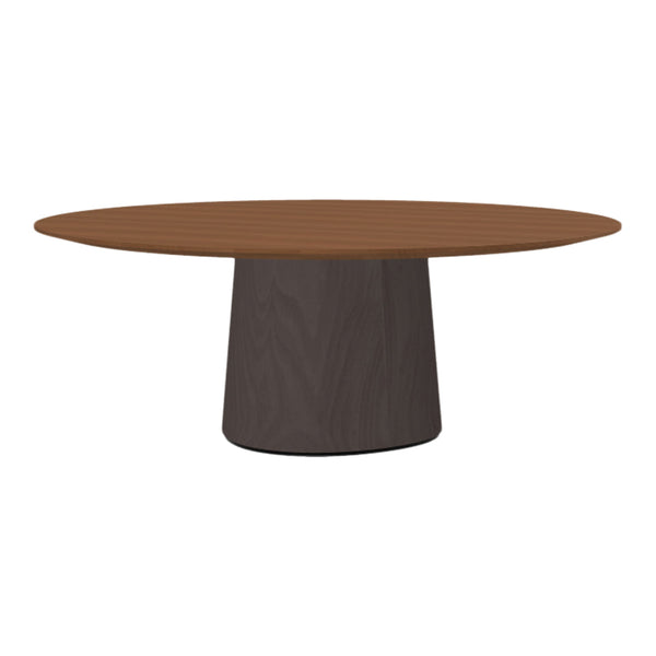 Round wooden table featuring a rich brown top with a textured pattern and a dark gray cylindrical base.