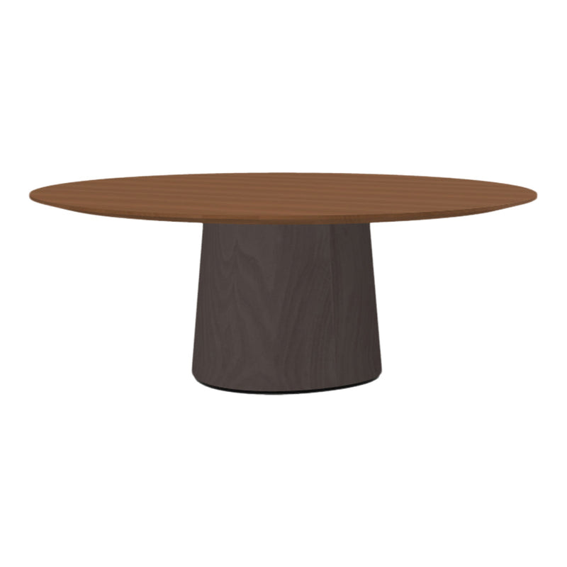 Round wooden table featuring a rich brown top with a textured pattern and a dark gray cylindrical base.
