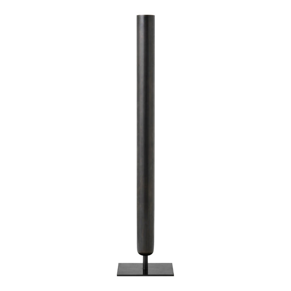 Sleek black metal floor lamp with a minimalist design and smooth finish on a square base.